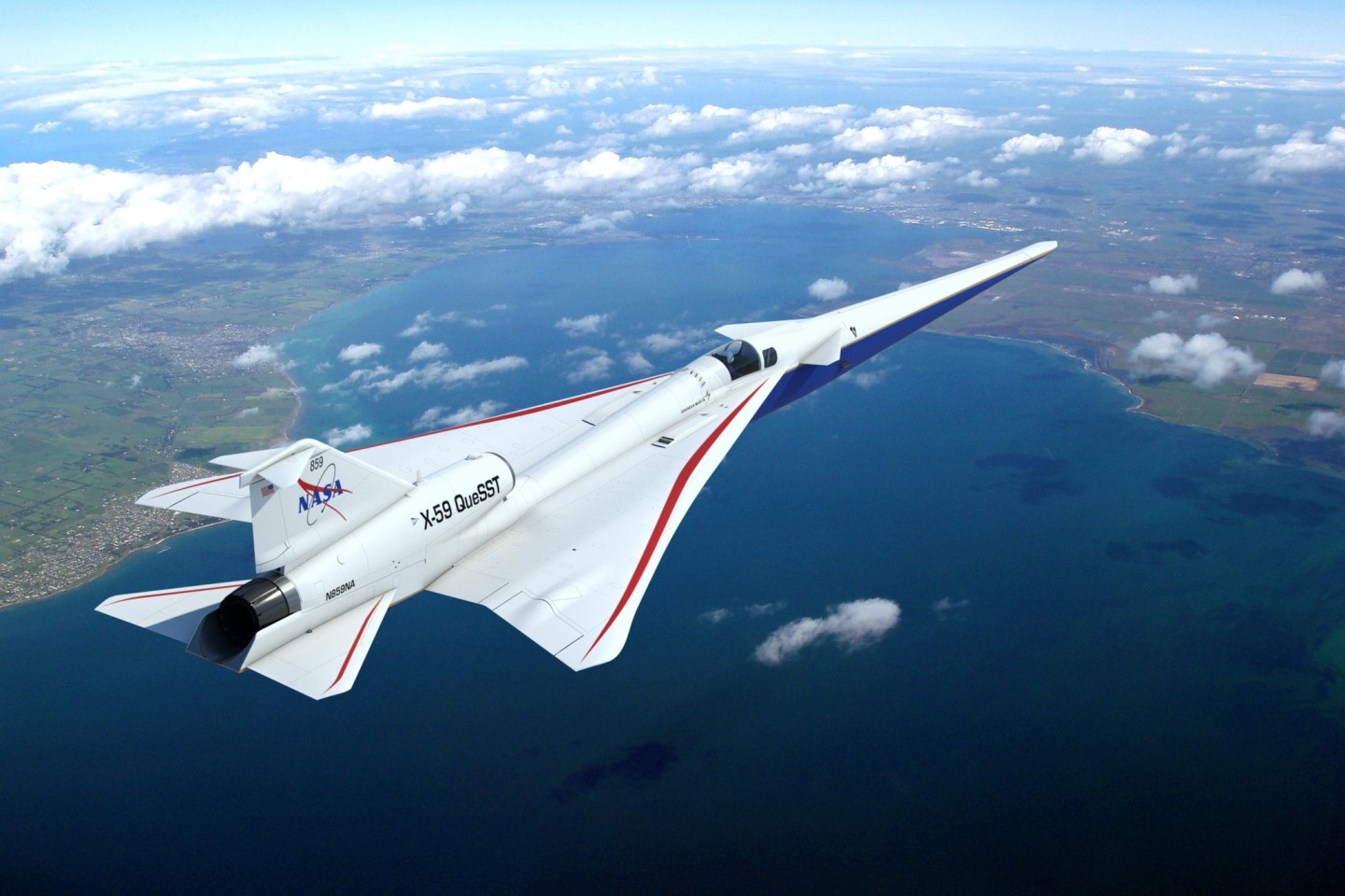 Dieser künstlerische Entwurf aus dem Jahr 2019 zeigt, wie das von der NASA in Auftrag gegebene neue Überschallflugzeug Lockheed Martin X-59 QueSST (kurz für Quiet SuperSonic Technology) a...